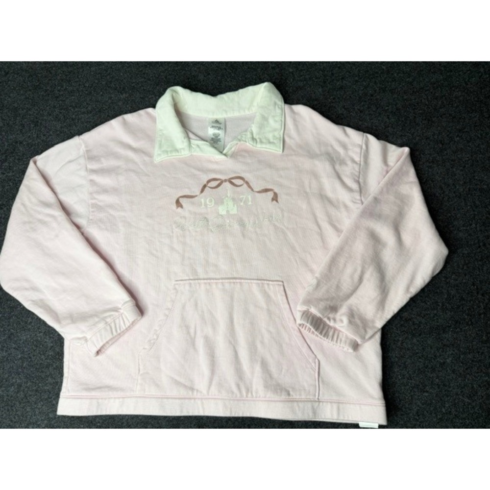 Walt Disney World Pink Polo Collar Sweatshirt 1971 Castle Bow Pullover Women L